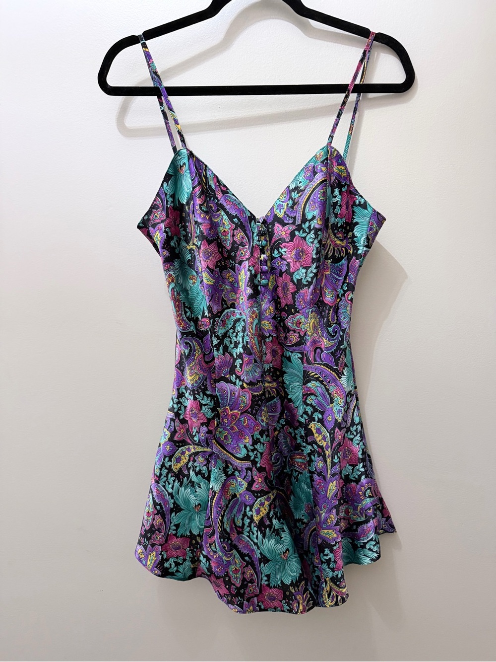 Vintage Satin Like Vibrant Colorful Floral Paisley Romper Slip Lingerie Teddy M